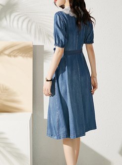 Puff Sleeve Belted Lace Patchwork Denim Dress