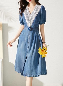Puff Sleeve Belted Lace Patchwork Denim Dress