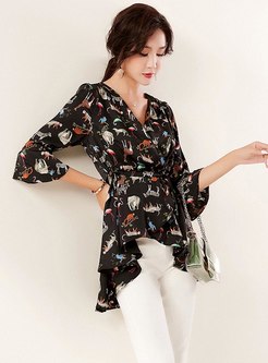 Flare Sleeve Print Pullover Ruffle Blouse