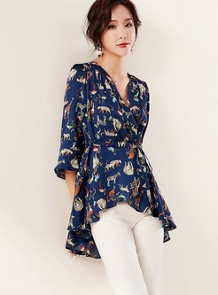 Flare Sleeve Print Pullover Ruffle Blouse