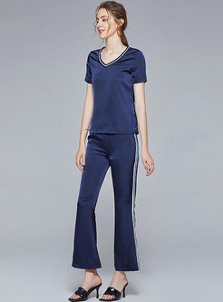 V-neck Pullover T-shirt & High Waisted Flare Pants