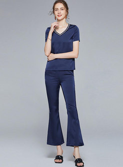 V-neck Pullover T-shirt & High Waisted Flare Pants