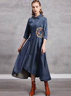 Dresses | Maxi Dresses | Lapel Embroidered Denim Maxi Dress