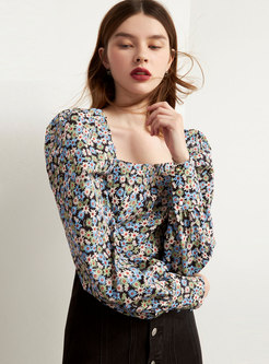 Square Neck Floral Pullover Cropped Blouse