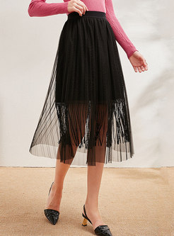 Elastic Waist Transparent Mesh Pleated Skirt