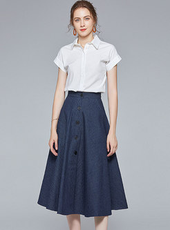 Short Sleeve Blouse & A Line Striped Skirt