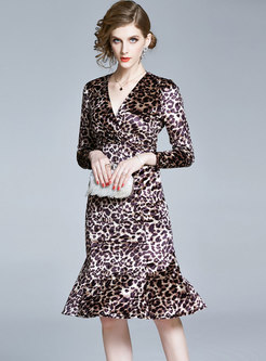 Leopard Long Sleeve Sheath Peplum Dress