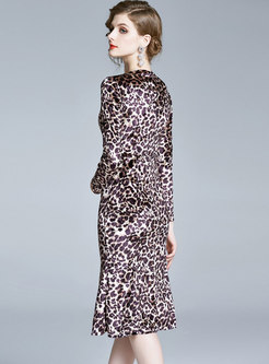 Leopard Long Sleeve Sheath Peplum Dress