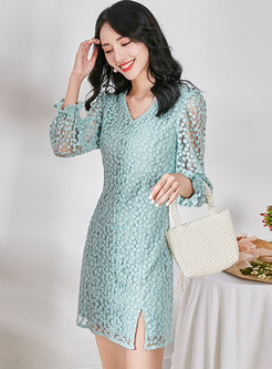 V-neck Transparent Lace Sheath Mini Dress