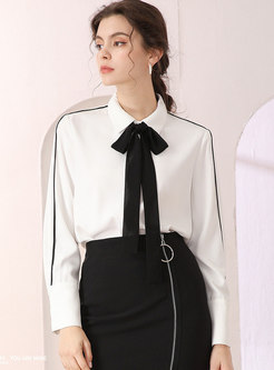 Color-blocked Bowknot Tied Loose Blouse