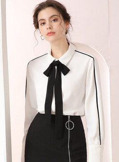 Color-blocked Bowknot Tied Loose Blouse