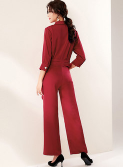 Bowknot Tied Slim Blouse & Hight Waisted Wide Leg Pants