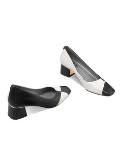 Color-blocked Square Toe Chunky Heel Shoes