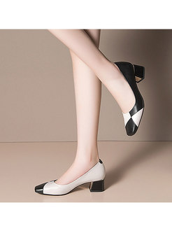 Color-blocked Square Toe Chunky Heel Shoes