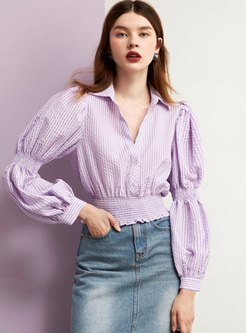 Puff Sleeve Plaid Pullover Cropped Blouse