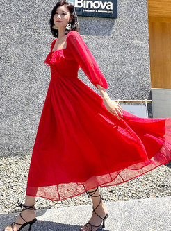 Red Puff Sleeve Big Hem Beach Maxi Dress