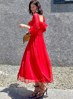 Red Puff Sleeve Big Hem Beach Maxi Dress