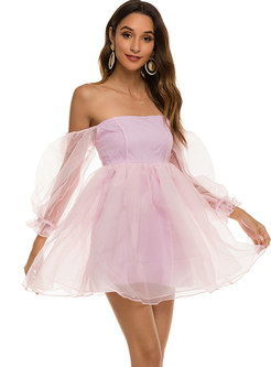 Off Shoulder Mesh Transparent Pink Skater Dress