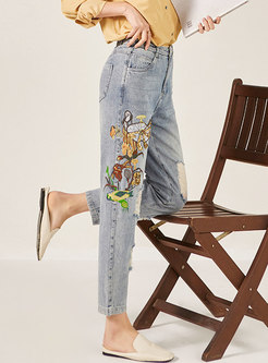 Embroidered Denim Ripped Straight Pants