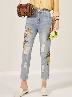 Embroidered Denim Ripped Straight Pants