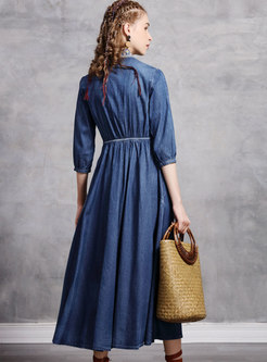 Blue V-neck Embroidered Denim Maxi Dress