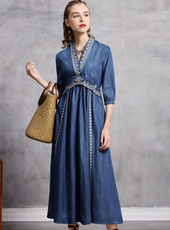 Blue V-neck Embroidered Denim Maxi Dress