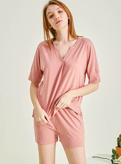 Solid Color V-neck Shorts Pajama Set