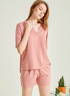 Solid Color V-neck Shorts Pajama Set
