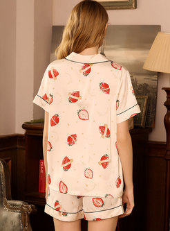 Strawberry Print Button Down Shorts Pajama Set 