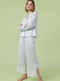 Patchwork Lace Stripe Long Pajama Set