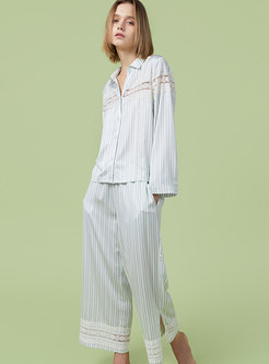Patchwork Lace Stripe Long Pajama Set