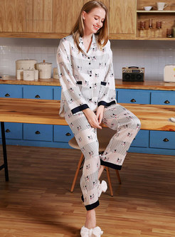 Color Block Cat Print Long Pajama Set