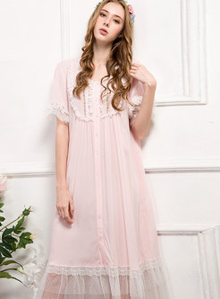 Patchwork Lace Ruffle Button Down Nightgowns 