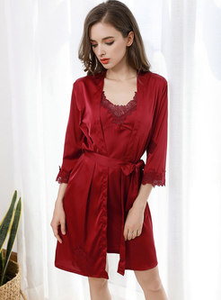 Lace Three Quarters Sleeve Nightgown Robe Set