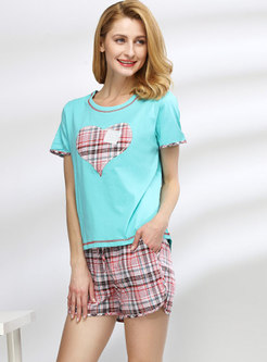 Color Block Plaid Shorts Pajama Set