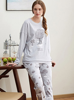 Grey Casual O-neck Long Pajama Set
