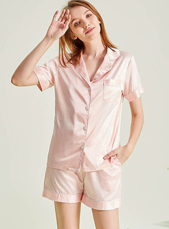 Satin Solid Color Button Down Shorts Pajama Set