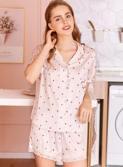 Floral Stripe Button Down Lace Shorts Pajama Set