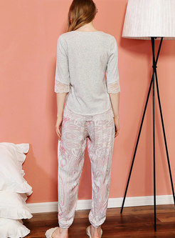 Lace Three Quarters Sleeve Ankle Bended Pajama Set