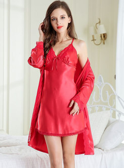 Lace Cross Back Bow Knot Nightgown Robe Set