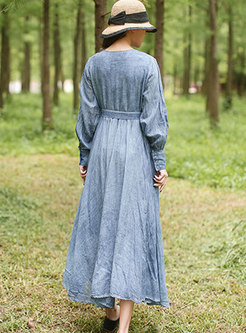 Solid Color V-neck Long Sleeve A Line Dress
