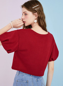 Red Puff Sleeve Pullover Cropped Blouse