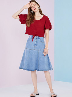 Red Puff Sleeve Pullover Cropped Blouse