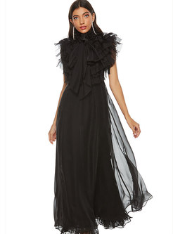 Black Mesh Bowknot Patchwork Ruffle Maxi Dress
