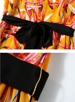 V-neck Print Tie-Waist A Line Midi Dress