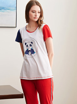 Color Block Panda Print Long Pant Pajama Set
