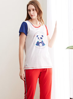 Color Block Panda Print Long Pant Pajama Set
