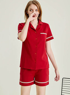 Color Block Button Down Shorts Pajama Set with Pockets