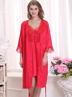 Patchwork Lace Embroidered Nightgown Robe Set