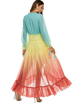 Boho Deep V-neck Color-blocked Beach Maxi Dress
